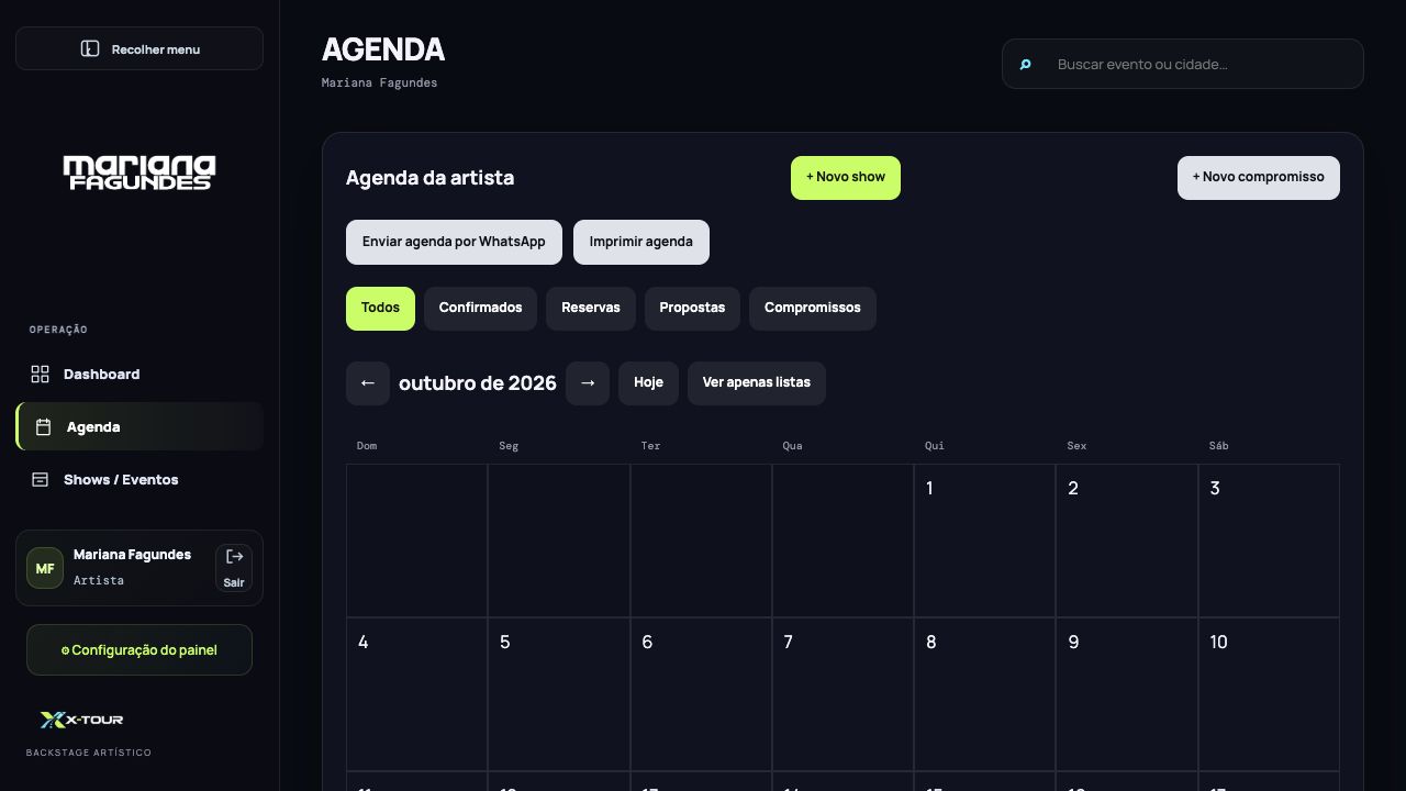 Agenda da artista — tela real em ambiente demonstrativo