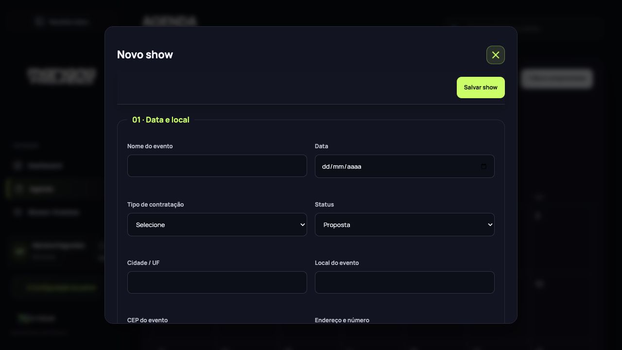 Cadastro completo do show — tela real em ambiente demonstrativo