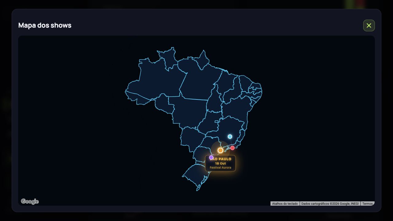 Mapa dos shows no Brasil — tela real em ambiente demonstrativo