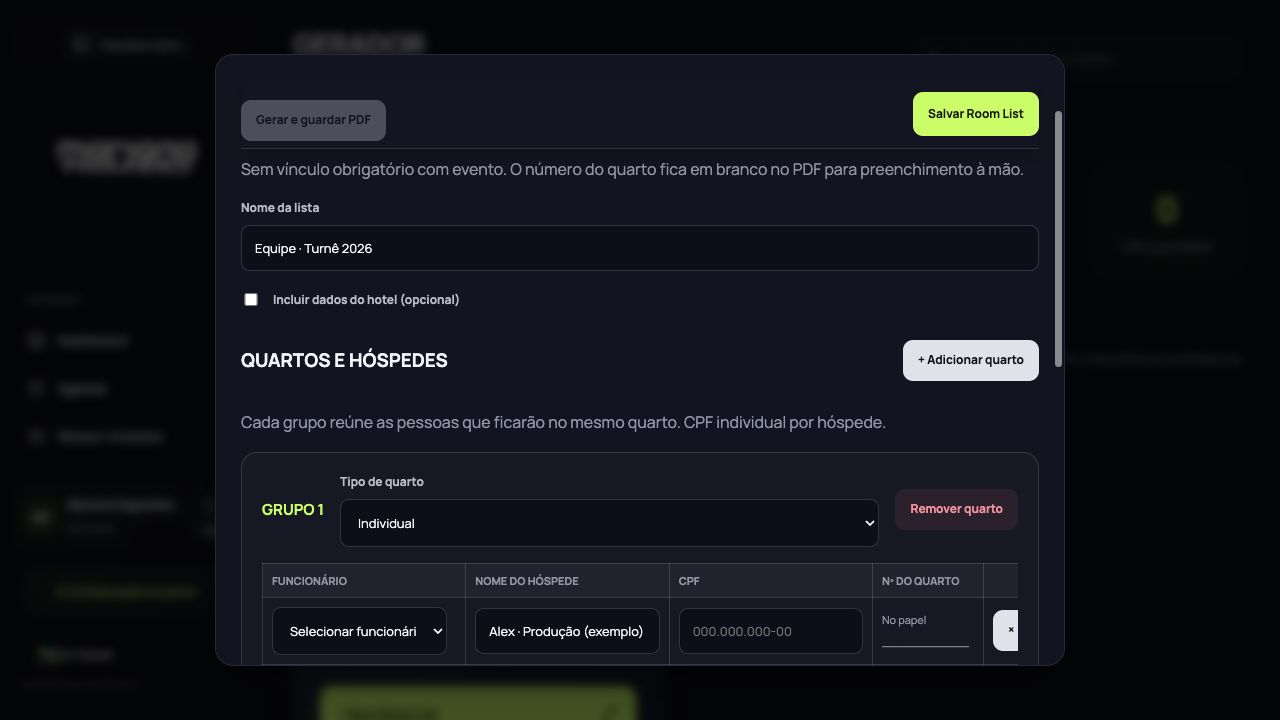 Gerador de room list — tela real em ambiente demonstrativo